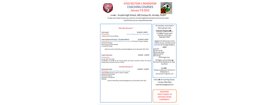 AYSO Section 1 Arcadia Roadshow-Coaches