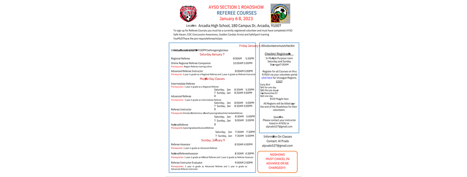 AYSO Section 1 Arcadia Roadshow-Referees