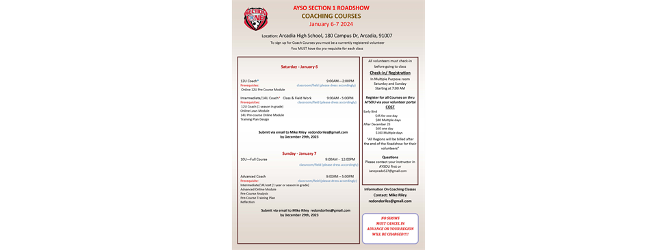 Arcadia Roadshow-Coach Courses(Jan 6 & 7)