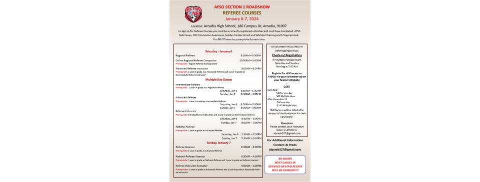 Arcadia Roadshow-Referee Courses(Jan 6 & 7)