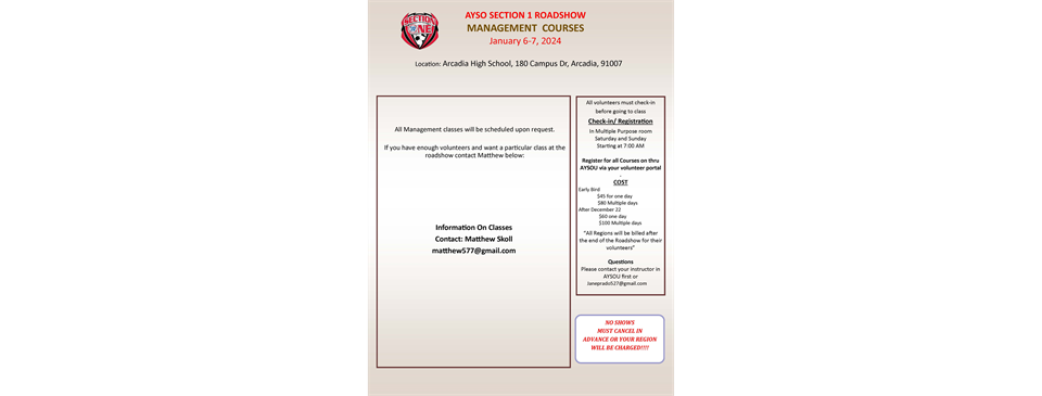 Arcadia Roadshow-Management Courses(Jan 6 & 7)